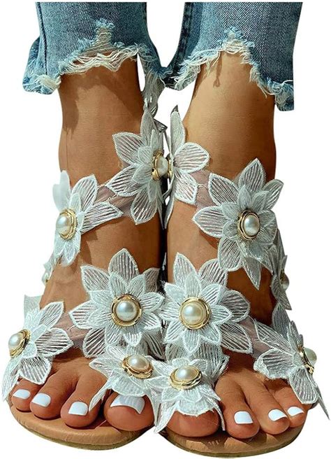 Generic Sandalen Damen Blumen Retro Damen Sommer Rom Perle Glitzer