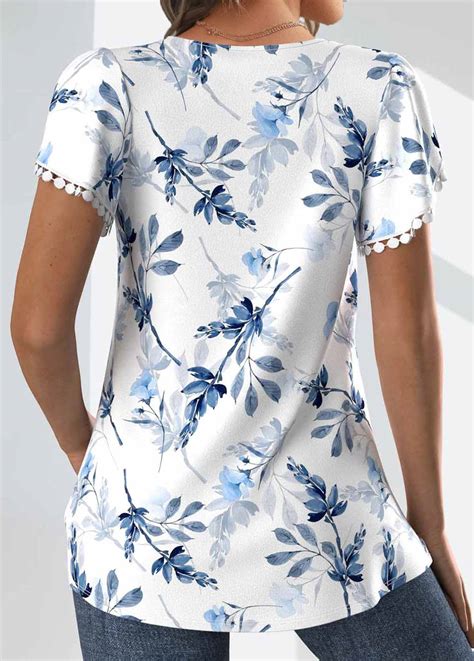 Floral Print Tuck Stitch White Short Sleeve T Shirt Rosewe Usd