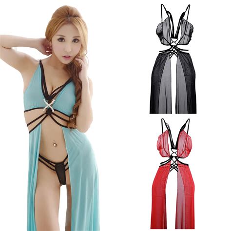 Women Sexy Exotic Lingerie Set Mesh Split Dress G String Sleepwear