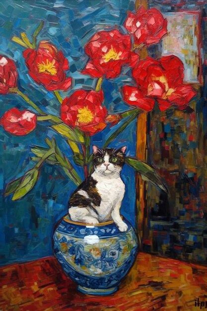 Una pintura de un gato sentado en un jarrón azul con flores rojas