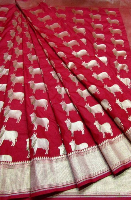 Red Handloom Banarasi Georgette Silk Saree Cow Design Traditional