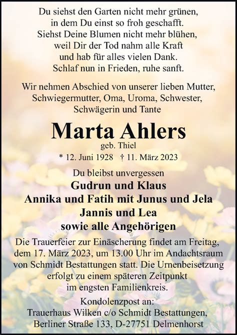 Traueranzeigen Von Marta Ahlers Noz Trauerportal