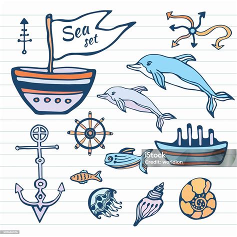 Sea Life Sketch Hand Drawn Doodle Set Nautical Collection With Stock