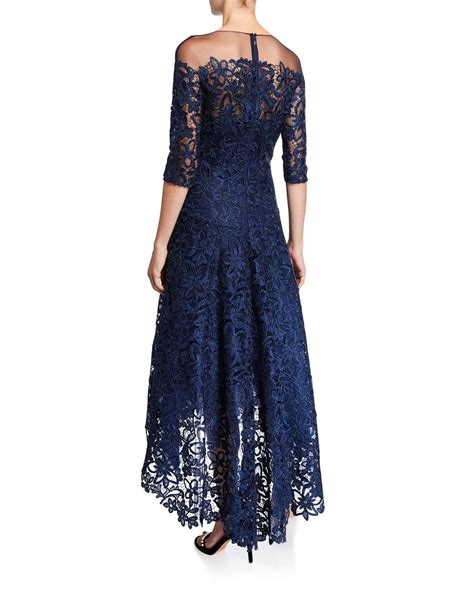 Teri Jon Lace High Low Mesh Yoke Gown In Navy Blue Lyst