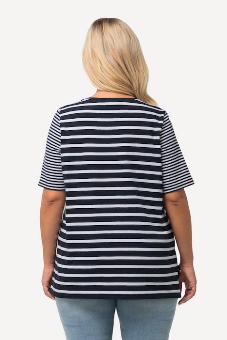 Mixed Size Stripe V Neck Tee Navy Blue Ulla Popken