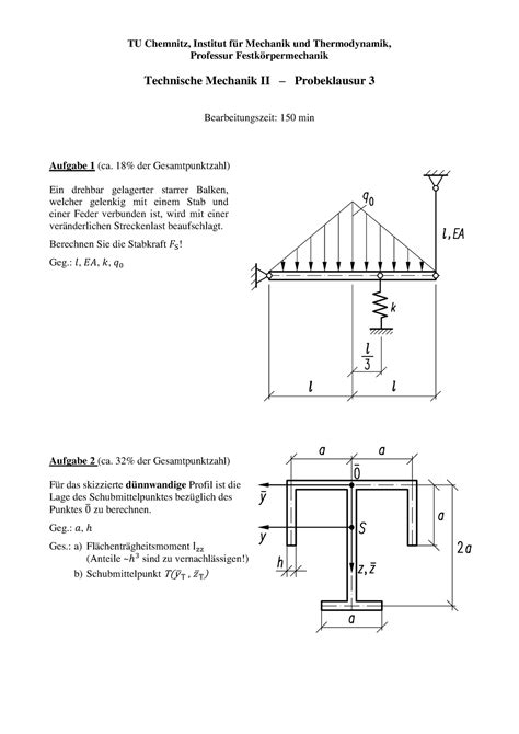 Technische Mechanik II Probeklausur 3 TU Chemnitz Institut für