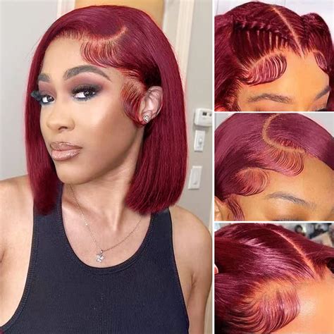 Xzz J Burgundy Lace Front Wigs Human Hair X Short Bob Wig Hd Lace