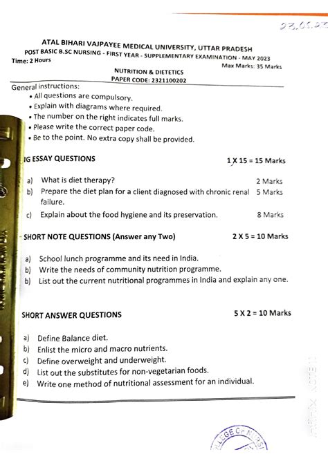 Nutrition Question Paper Nursing KVM Nursing Studocu