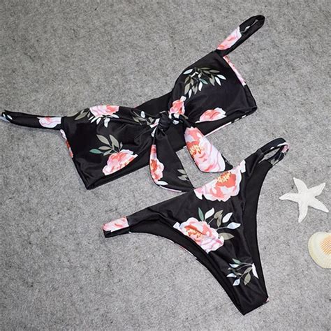 Strapless Sexy Bikini Set 2018 Women Push Up Swimwear Retro Floral