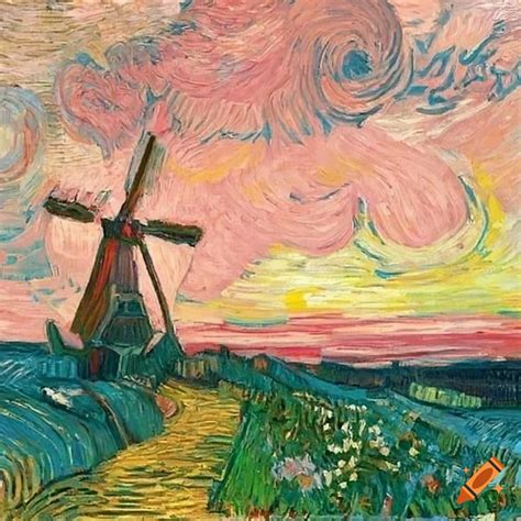 Vincent Van Gogh S Painting Of A Mill In Hills During Sunset On Craiyon