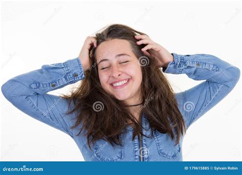 Happy Smiling Girl Closed Eyes Beautiful Cheerful Young Brunette Woman