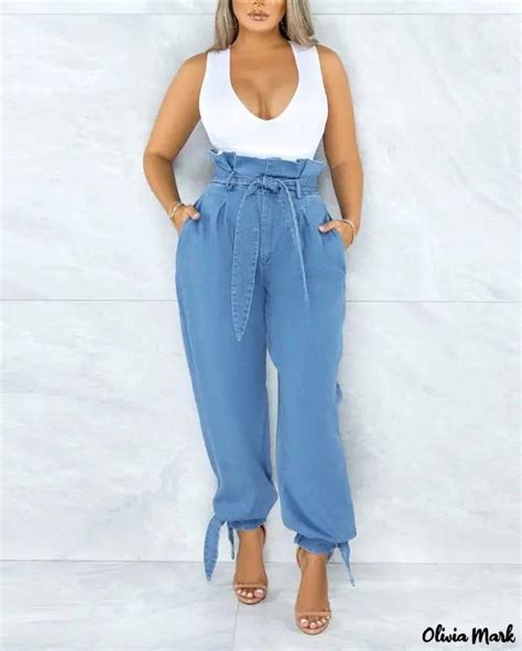 Olivia Mark High Waisted Jeans With Ruffles And Tie Hem High Waist