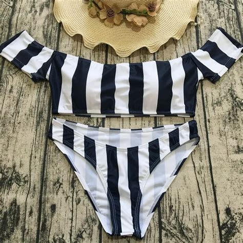 Luoanyfash 2018 Bikini Women Swimsuit Stripe Off Shoulder Swimwear Low