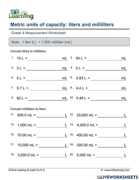 Conversion Of Liter And Milliliter Online Exercise For Live Worksheets