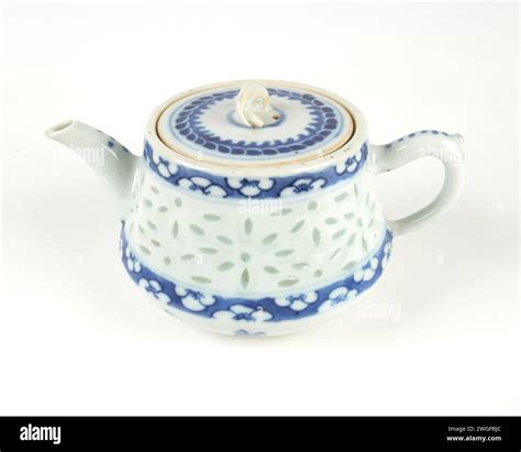 Antique Chinese Blossom Blue And White Rice Grain Porcelain Teapot Hi