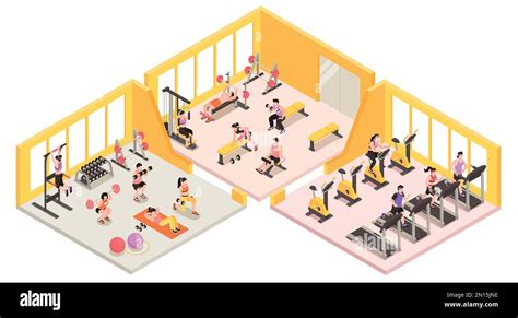 Isometric Gym And Fitness Club Concept With People Training Inside