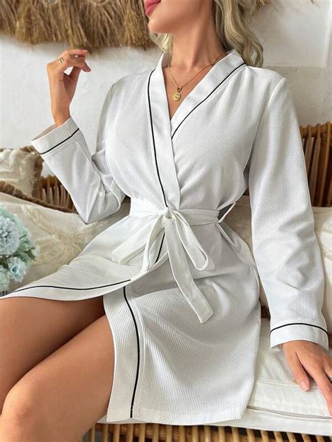 Contrast Binding Belted Lounge Robe Shein Usa