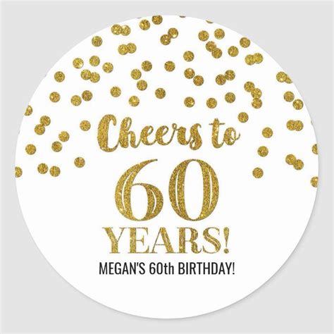 Gold Confetti 60th Birthday Sticker With The Words Cheers To 60 Years On It