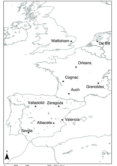 1: The location of selected weather stations over western Europe ...