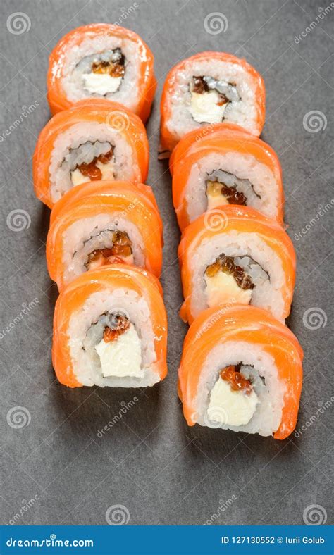 Red caviar sushi rolls stock photo. Image of calorie - 127130552