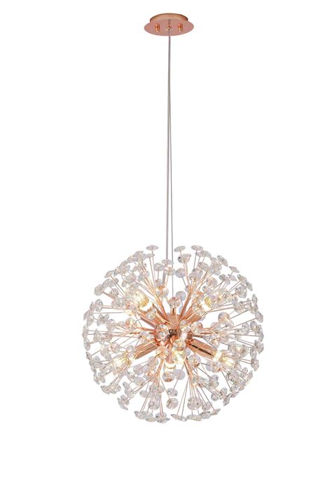 Lustre Pendente Dente de Leão Redondo Rose Gold Cristais 8E14 45cm