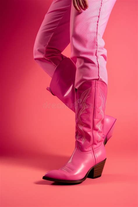 Close Up Of An Attractive Models Legs Wearing Bright Pink Cowboy Boots Generative Ai Stock