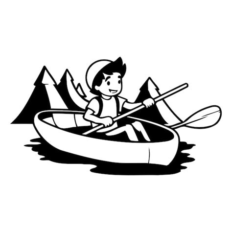 Un niño lindo remando una canoa en el lago Ilustración vectorial