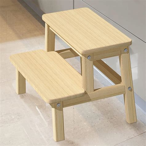 Houchics Wooden Step Stool For Adults Kids Solid Wood Bed