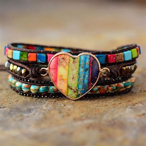 Heart Chakra Spiritual Leather Wrap Bracelet Handcrafted Crystal