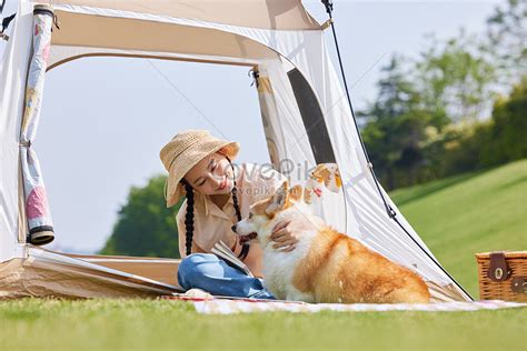 Young Woman Camping With Dog Park Picnic Picture And HD Photos | Free Download On Lovepik