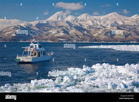 Hokkaido Japan: Ice floes in the Strait of Nemuro with the snow covered mountains of the ...