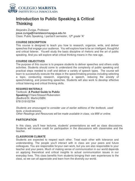 Public Speaking Syllabus I Partial 2024 Pdf Public Speaking