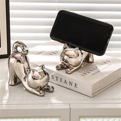 Cute Cat Phone Holder Ceramic White Silver Apollobox