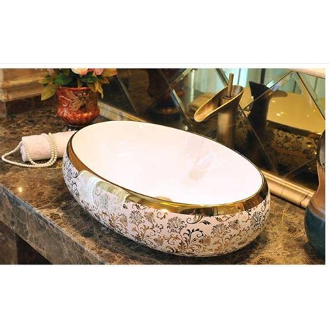 Luxury Golden Oval Shape Art Wash Basin Ceramic Counter Top Wash Basin