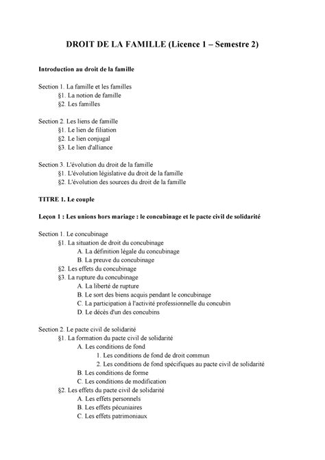 Plan De Cours Droit De La Famille L1 2023 DROIT DE LA FAMILLE