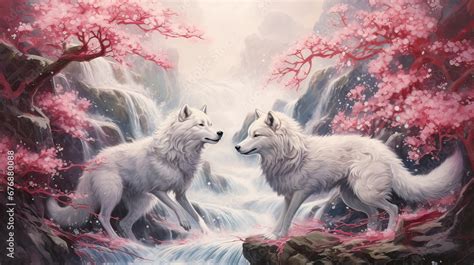 Romantic Tale Of Two Wolves Dancing Under A Cascade Of Cherry Blossoms