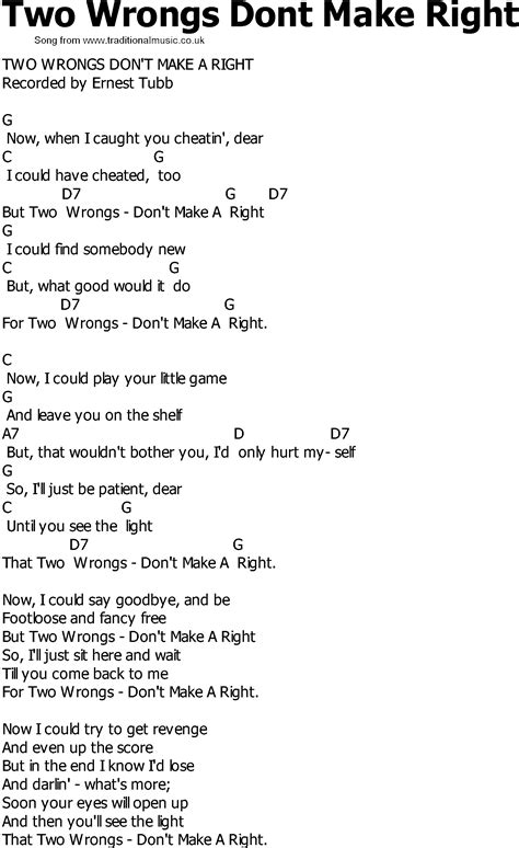 Old Country song lyrics with chords - Two Wrongs Dont Make Right