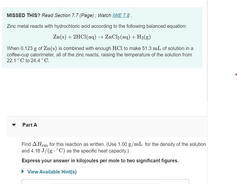 Solved Zinc Metal Reacts With Hydrochloric Acid According To