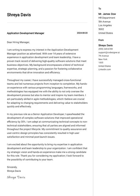 Application Development Manager Cover Letter Example For 2024 Download Templates Cvdesigner Ai