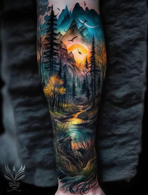 Tattoo mountains forest river sunrise in color release on the forearm ...