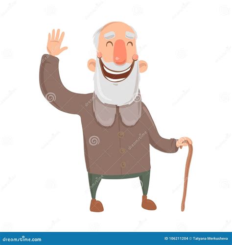 Smiling Bearded Old Man with Cane Waves Hand. Happy Grey-haired Elderly ...