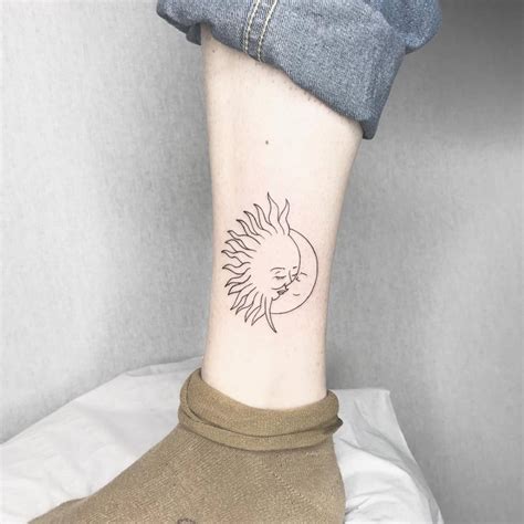 Line Art Sun And Moon Tattoo On The Ankle