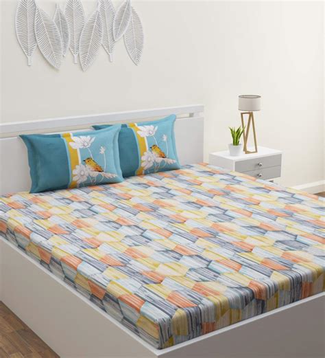 Buy Multicolor Geometric 160 Tc Cotton King Sized Bed Sheets With 2