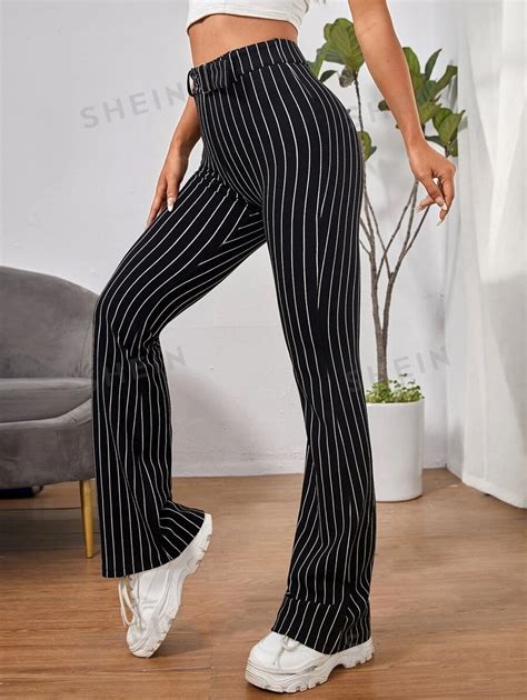 SHEIN EZwear High Waist Striped Belted Flare Leg Trousers SHEIN UK