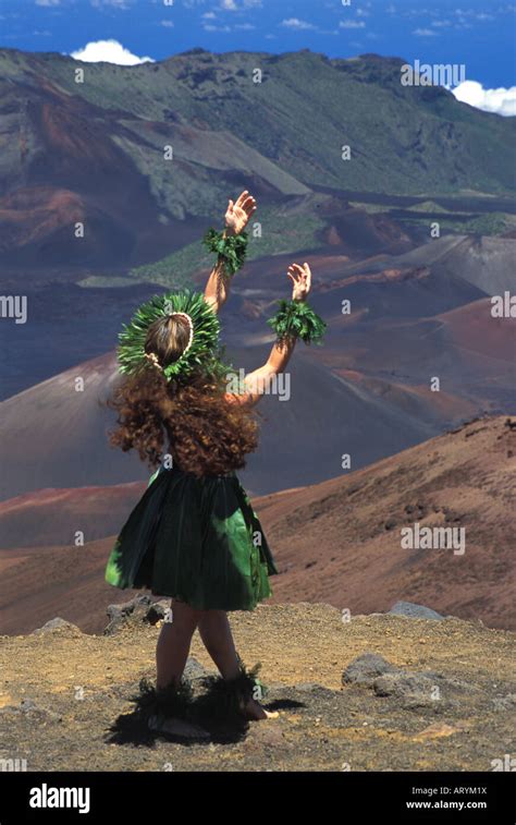 Native Woman Dancing Hula With Ipu Gourd At Haleakala Crater Island