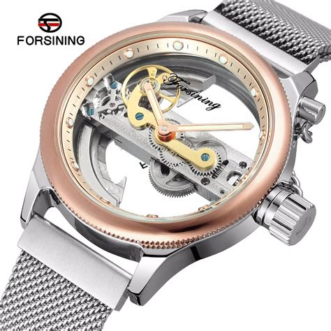 Forsining Transparent Hollow Skeleton Mechanical Watch Men Silver Mesh