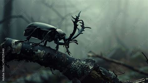 Eerie Stag Beetle On A Moody Branch Backdrop A Detailed Image