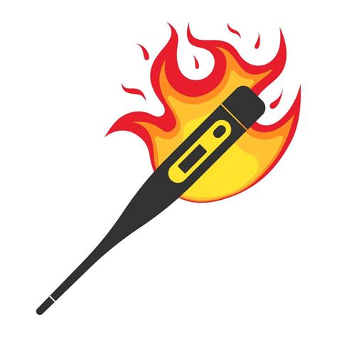 Digital stick thermometer in fire flame icon. Burning electronic medical instrument showing ...