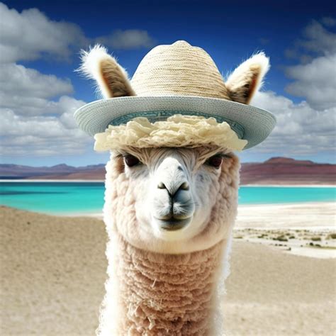 Cute Alpaca Lama In A Straw Hat Against The Background Of The Blue Sea