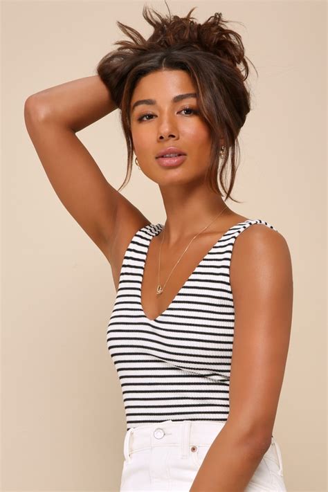 Ivory Striped Bodysuit Ribbed Bodysuit Low Cut Back Bodysuit Lulus